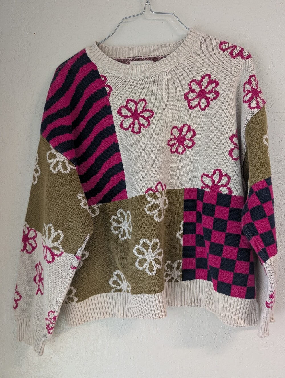 Patchwork Floral Sweater M Pink Green Colorway Boho Cottage Whimsy Fairy Folk